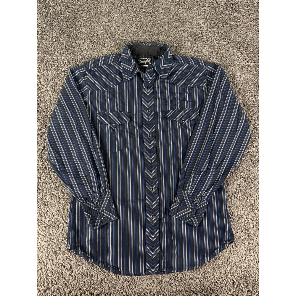 Vintage 90s Wrangler Authentic Western Shirt Mens Medium Blue Stripe Pearl Snap